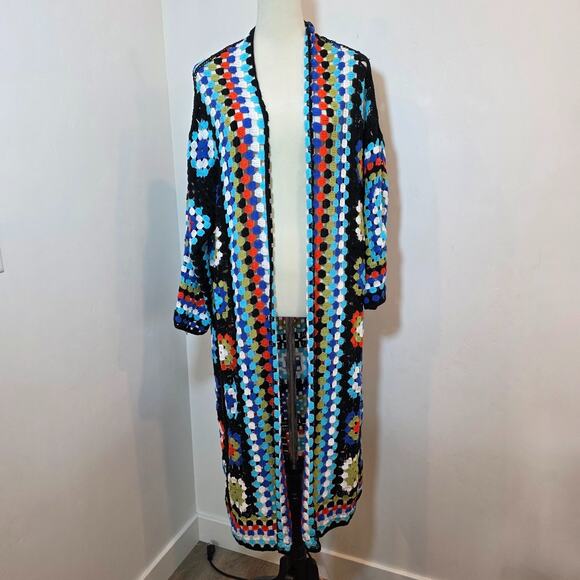 POL Boho Crochet Granny Square Long Kimono Cardigan Multicolor 0S - Picture 2 of 10